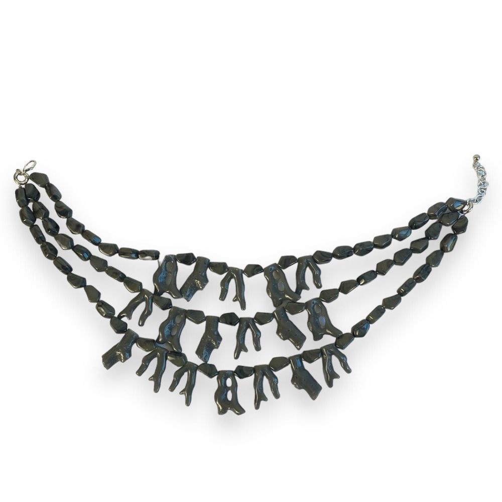 Triple Strand Gray Coral Beaded Necklace‎ Abstract Boho Statement Jewelry C14Q
